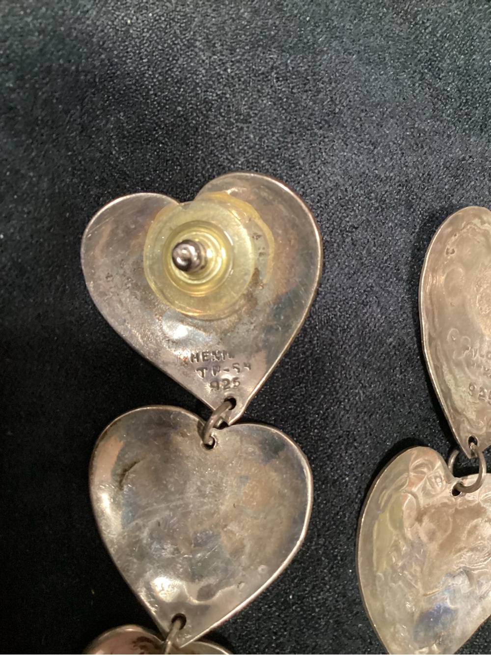VTG 925 TAXCO Sterling Silver Graduated Triple Heart Earrings W T/Stamp - Picture 5 of 12